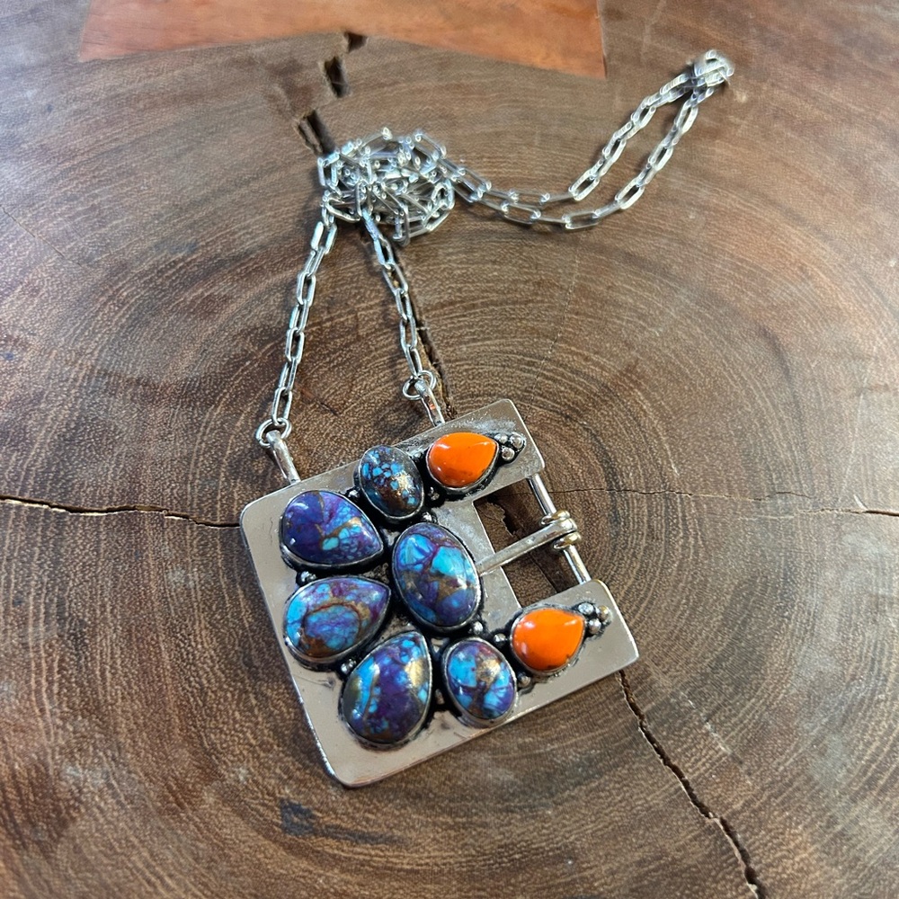 Sterling Silver Pendant Necklace with Blue-Teal and Orange Stones
